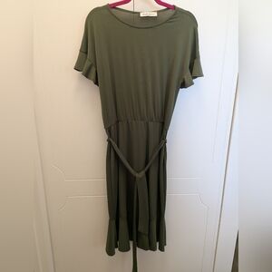 NWOT Chic Olive Midi Dress with Ruffle Sleeves